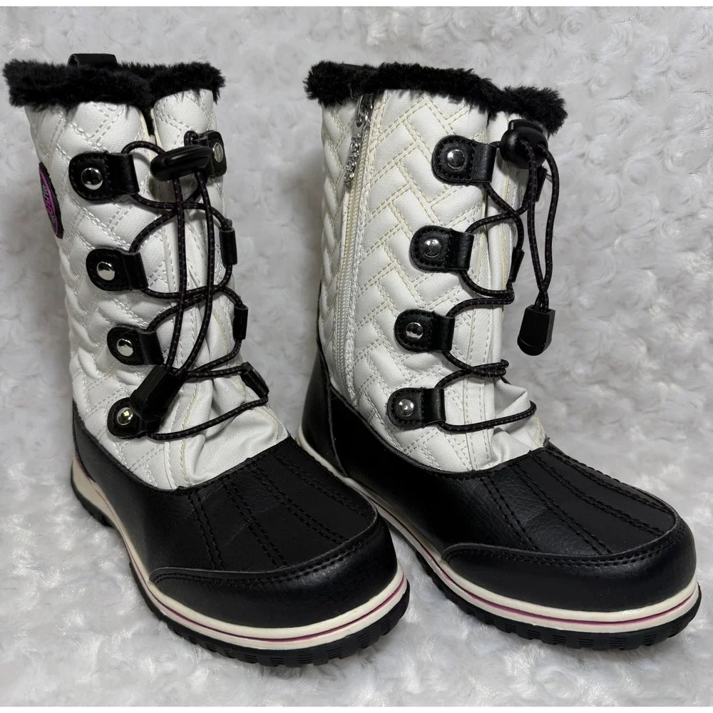 Totes Makenzie Girls Winter Boots‎ White Black Quilted Faux Fur Zip Size 2 Med